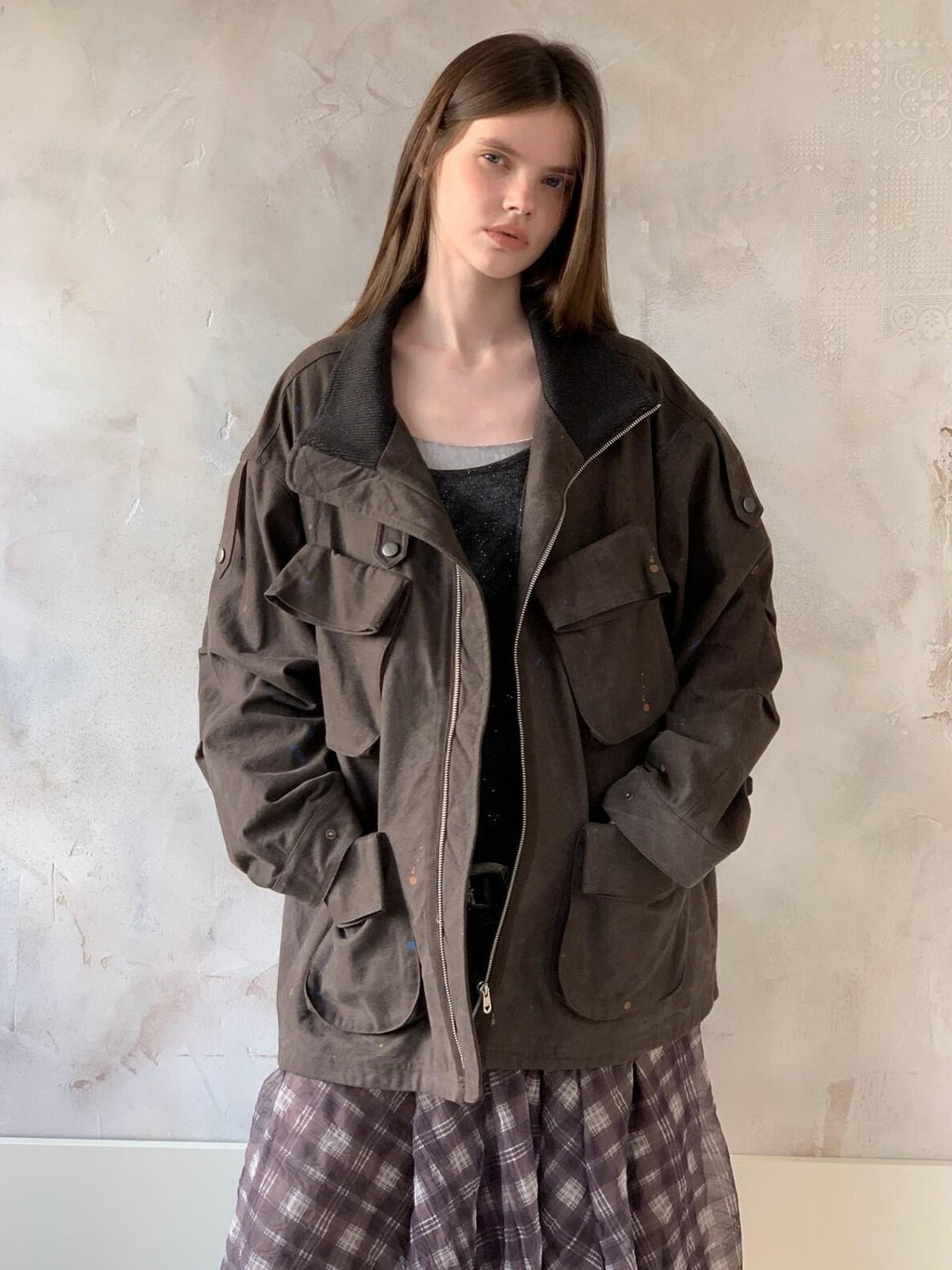 UNIVERSE Distressed Paint Splatter Multi Pocket Lapel Women's Cotton Utility Jackets