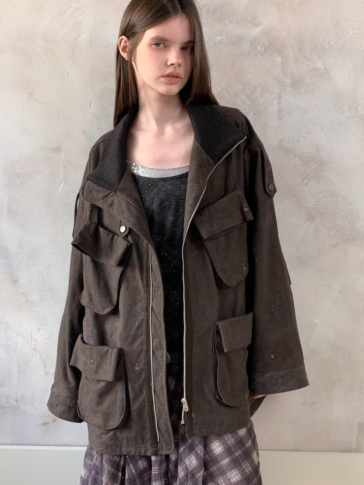UNIVERSE Distressed Paint Splatter Multi Pocket Lapel Women's Cotton Utility Jackets