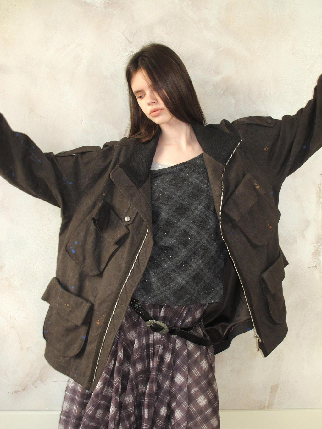 UNIVERSE Distressed Paint Splatter Multi Pocket Lapel Women's Cotton Utility Jackets