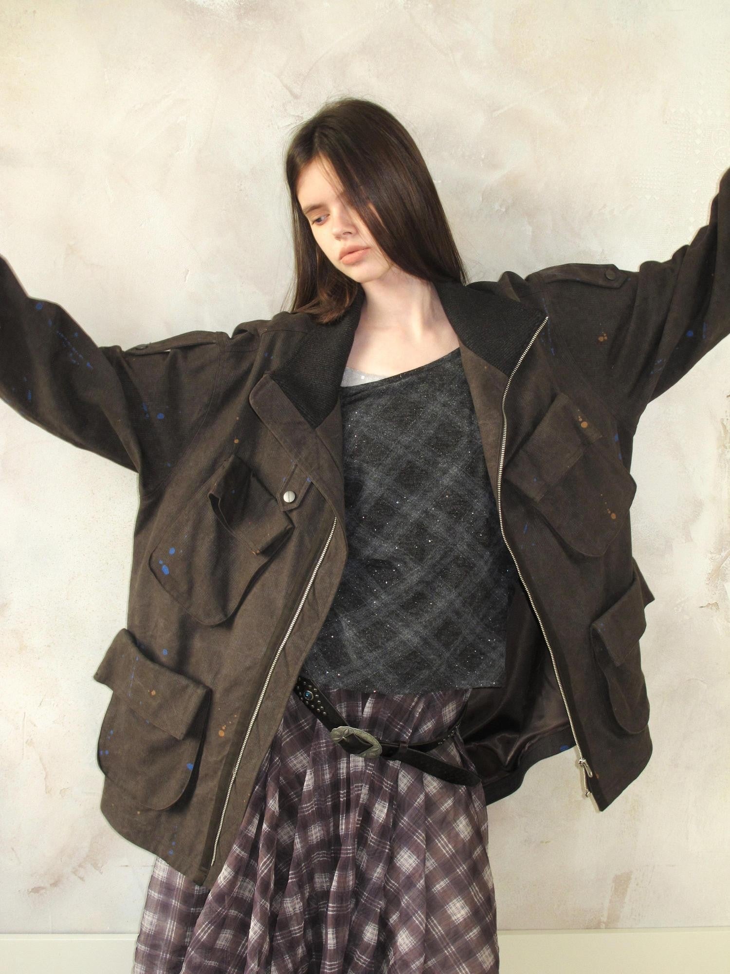 UNIVERSE Distressed Paint Splatter Multi Pocket Lapel Women's Cotton Utility Jackets