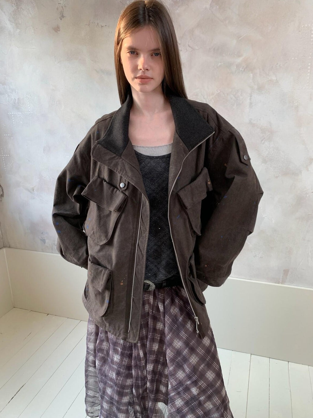 UNIVERSE Distressed Paint Splatter Multi Pocket Lapel Women's Cotton Utility Jackets