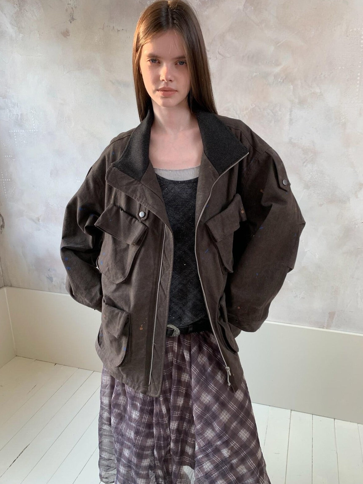 UNIVERSE Distressed Paint Splatter Multi Pocket Lapel Women's Cotton Utility Jackets