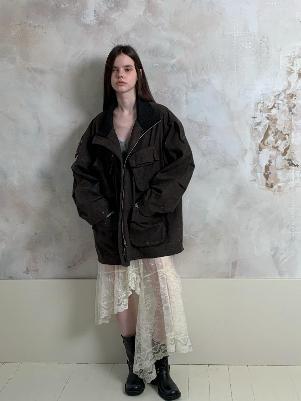 UNIVERSE Distressed Paint Splatter Multi Pocket Lapel Women's Cotton Utility Jackets