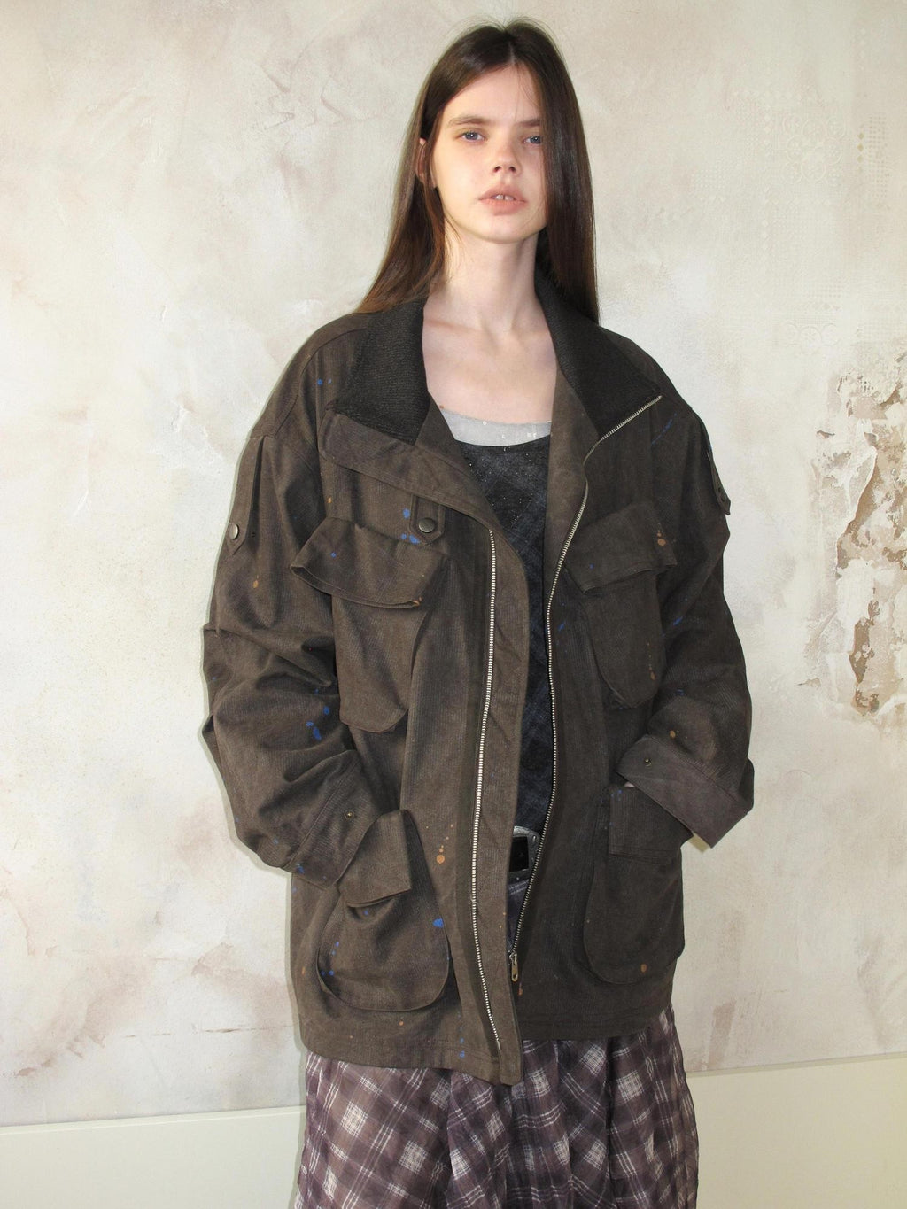 UNIVERSE Distressed Paint Splatter Multi Pocket Lapel Women's Cotton Utility Jackets
