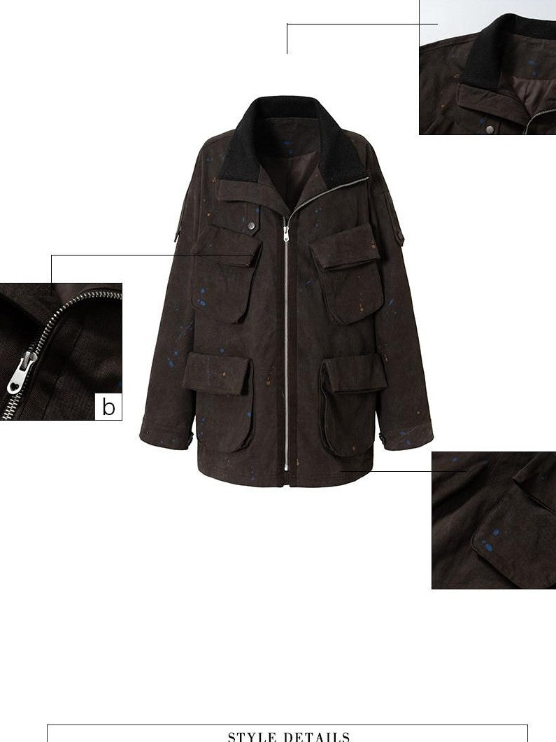UNIVERSE Distressed Paint Splatter Multi Pocket Lapel Women's Cotton Utility Jackets