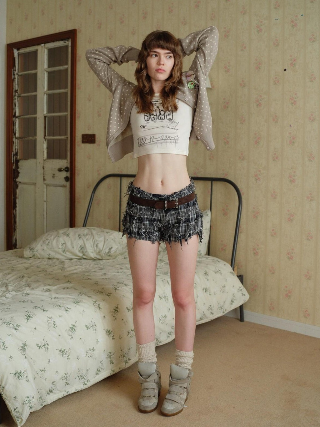 UNIVERSE Distressed Vintage Blue Plaid Low Waist Slim Women's Cotton Blend Hot Pants