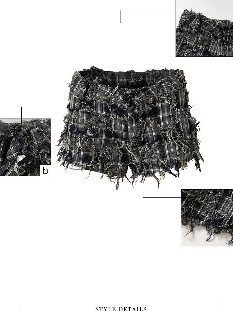 UNIVERSE Distressed Vintage Blue Plaid Low Waist Slim Women's Cotton Blend Hot Pants
