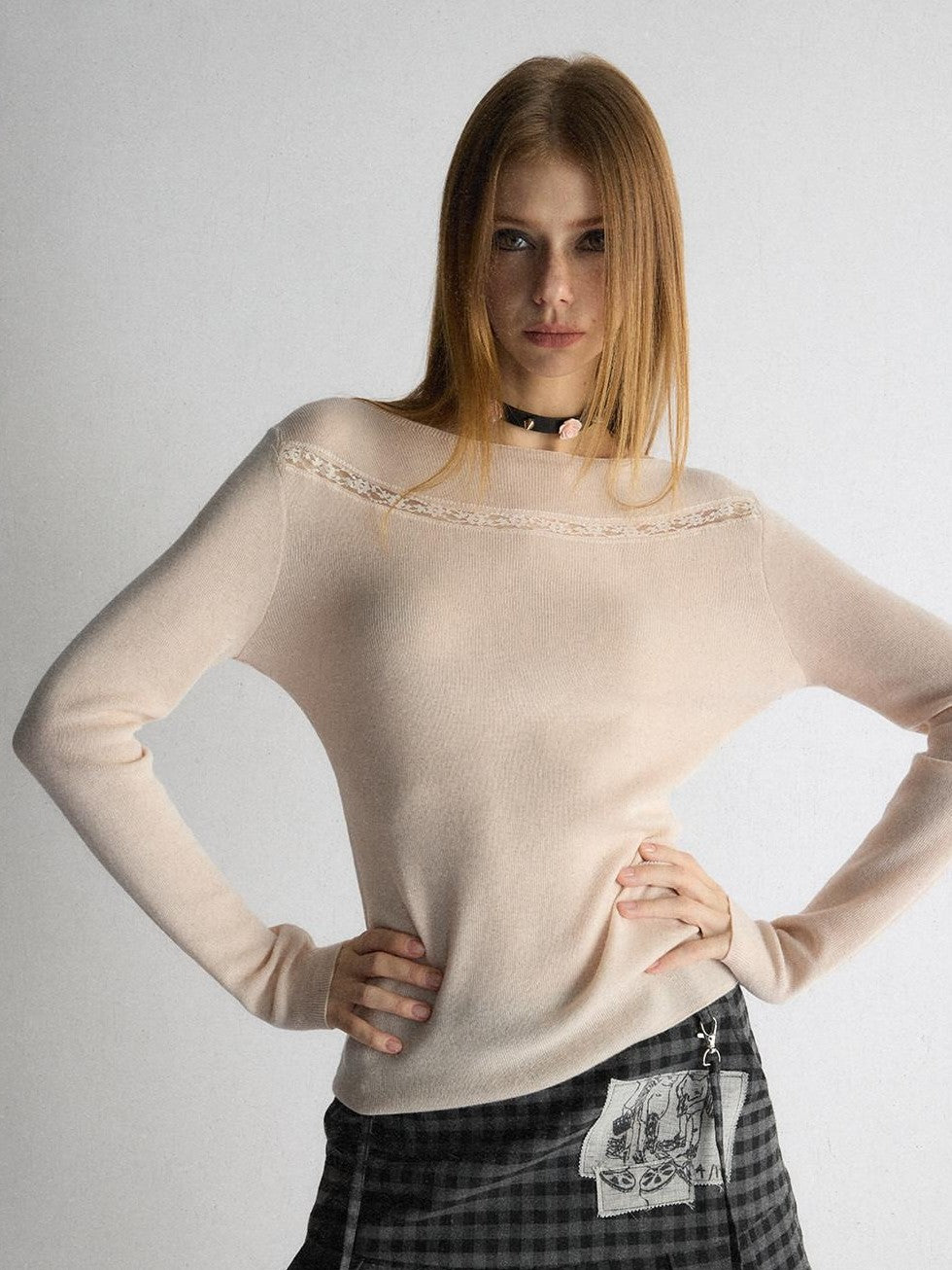 UNIVERSE Dusty Pink Lace Knit Slim Women's Acrylic Cotton Blend Long Sleeve T-shirts