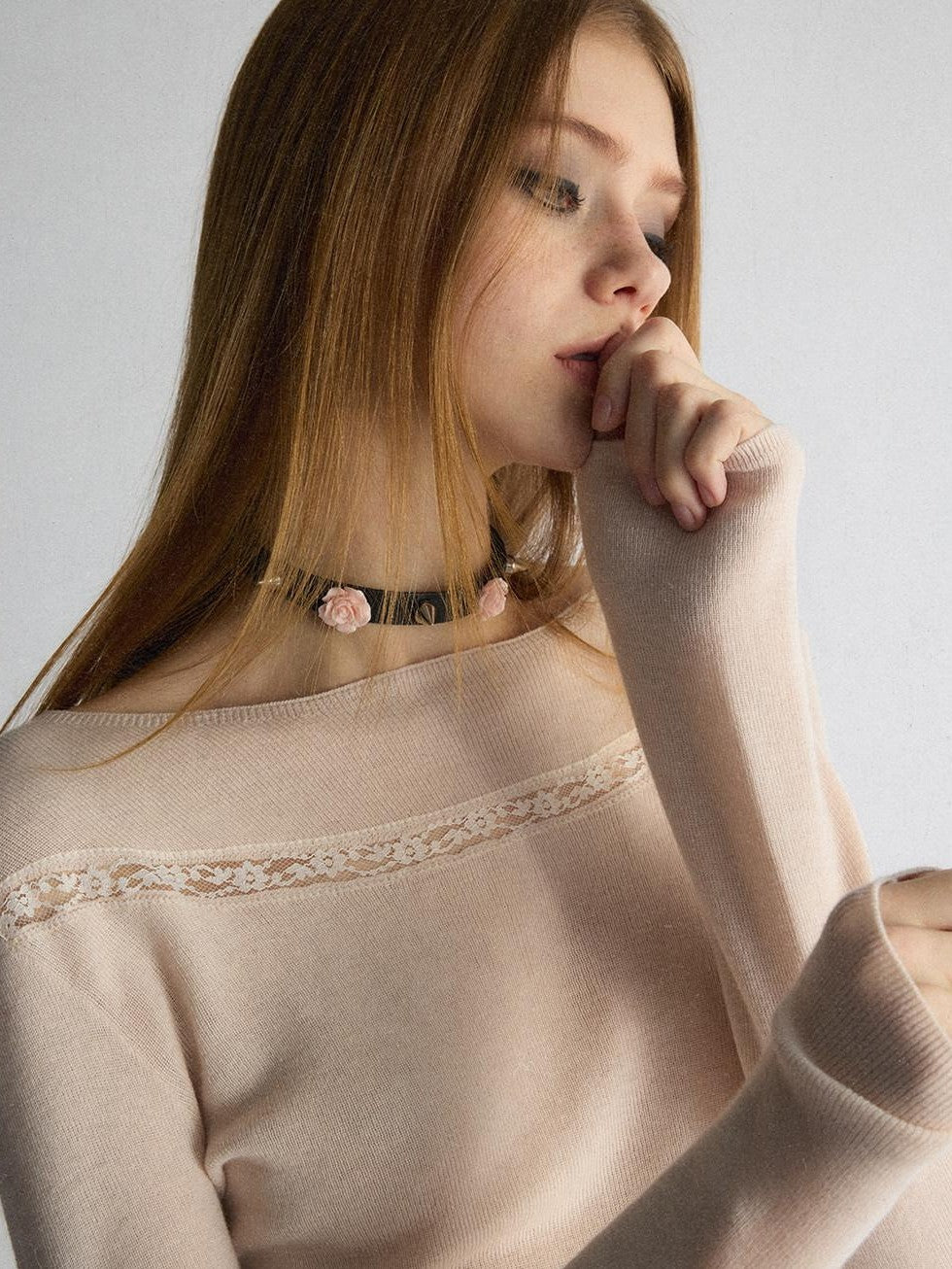 UNIVERSE Dusty Pink Lace Knit Slim Women's Acrylic Cotton Blend Long Sleeve T-shirts