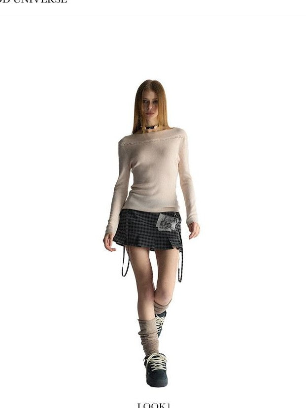 UNIVERSE Dusty Pink Lace Knit Slim Women's Acrylic Cotton Blend Long Sleeve T-shirts