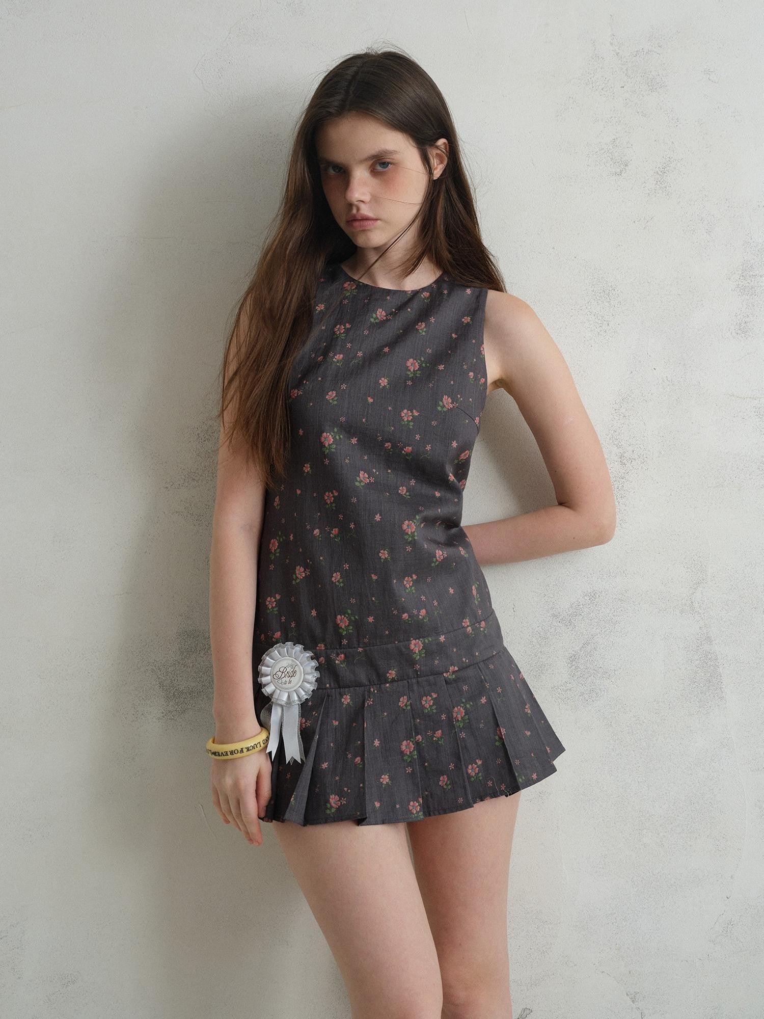 UNIVERSE Eden Rose Pleated Floral Round Neck Sleeveless Women's Ramie Casual Mini Dresses
