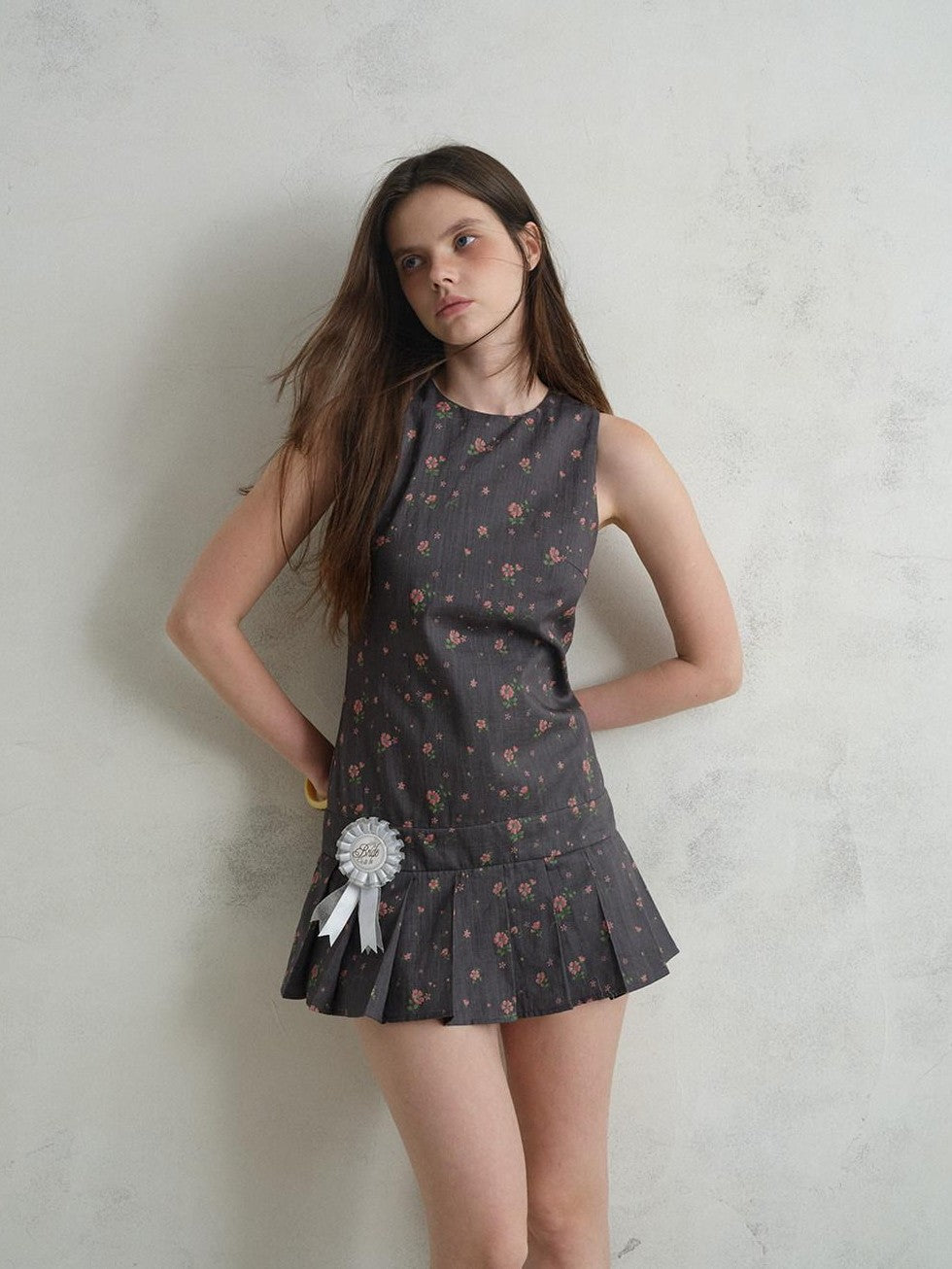 UNIVERSE Eden Rose Pleated Floral Round Neck Sleeveless Women's Ramie Casual Mini Dresses