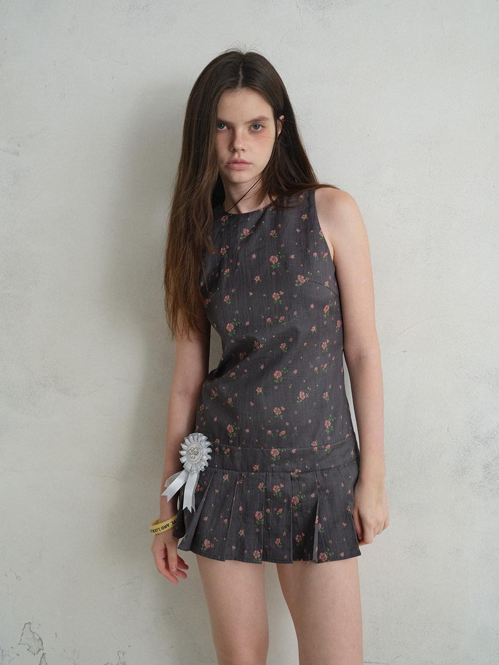 UNIVERSE Eden Rose Pleated Floral Round Neck Sleeveless Women's Ramie Casual Mini Dresses