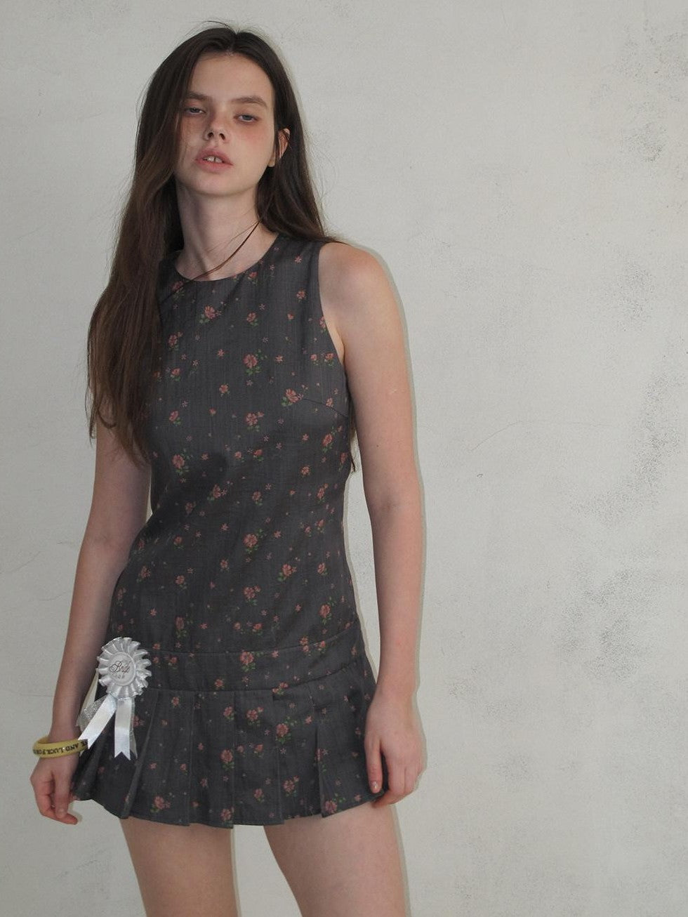 UNIVERSE Eden Rose Pleated Floral Round Neck Sleeveless Women's Ramie Casual Mini Dresses