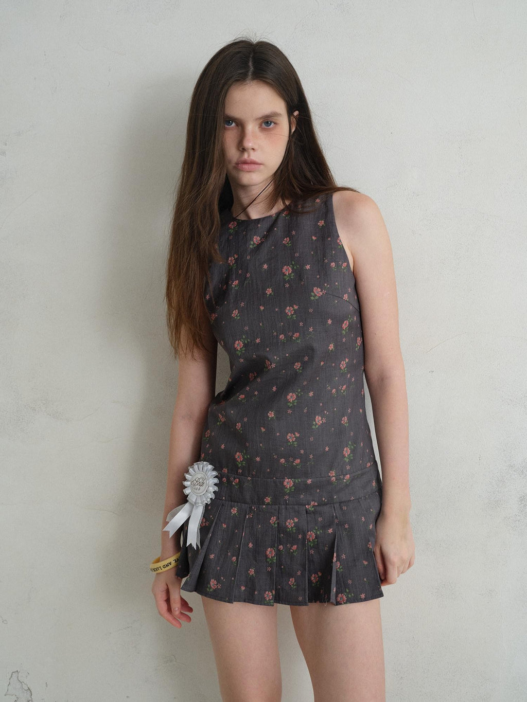 UNIVERSE Eden Rose Pleated Floral Round Neck Sleeveless Women's Ramie Casual Mini Dresses