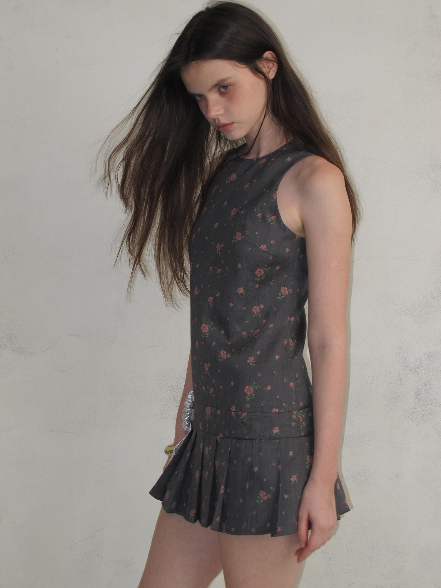 UNIVERSE Eden Rose Pleated Floral Round Neck Sleeveless Women's Ramie Casual Mini Dresses