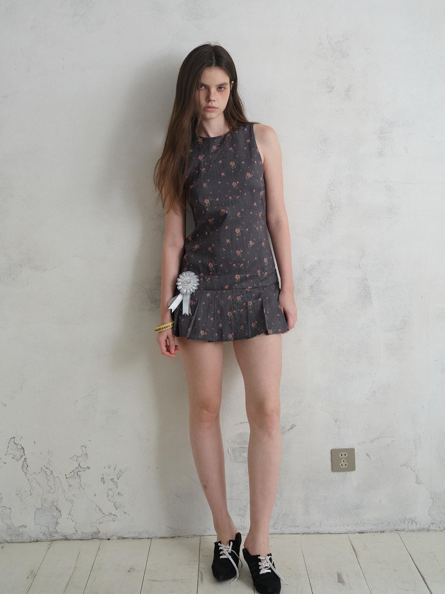 UNIVERSE Eden Rose Pleated Floral Round Neck Sleeveless Women's Ramie Casual Mini Dresses