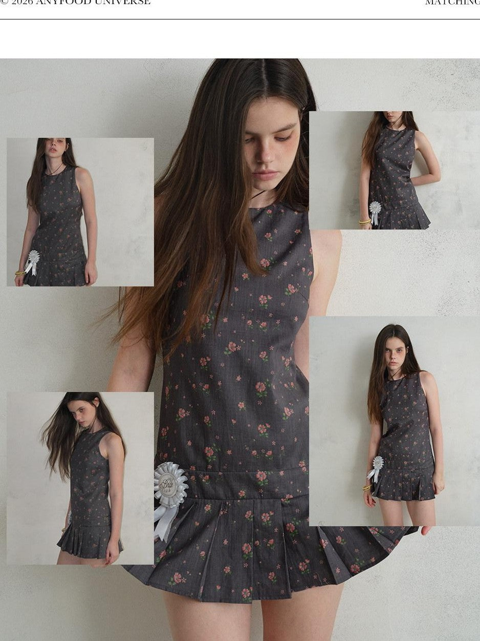 UNIVERSE Eden Rose Pleated Floral Round Neck Sleeveless Women's Ramie Casual Mini Dresses