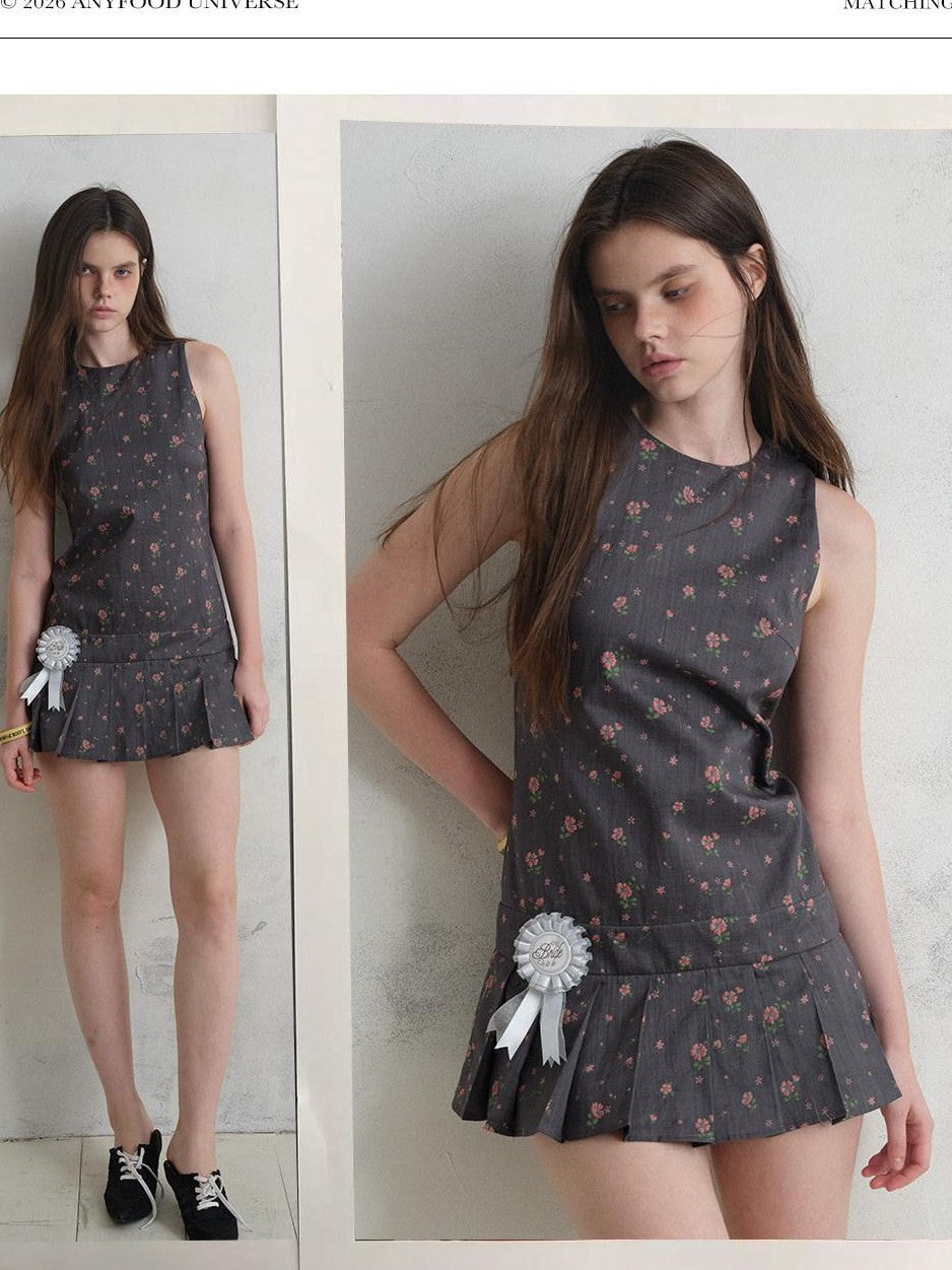 UNIVERSE Eden Rose Pleated Floral Round Neck Sleeveless Women's Ramie Casual Mini Dresses