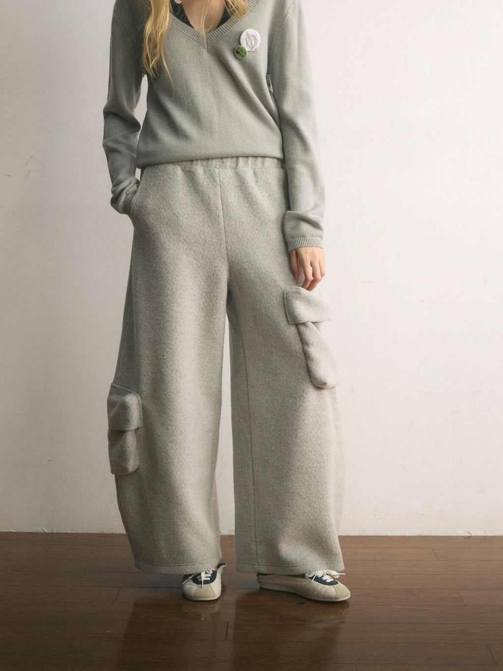 UNIVERSE Floor Length Knitted Asymmetric Pocket Women's Wool Blend Wide-leg Pants