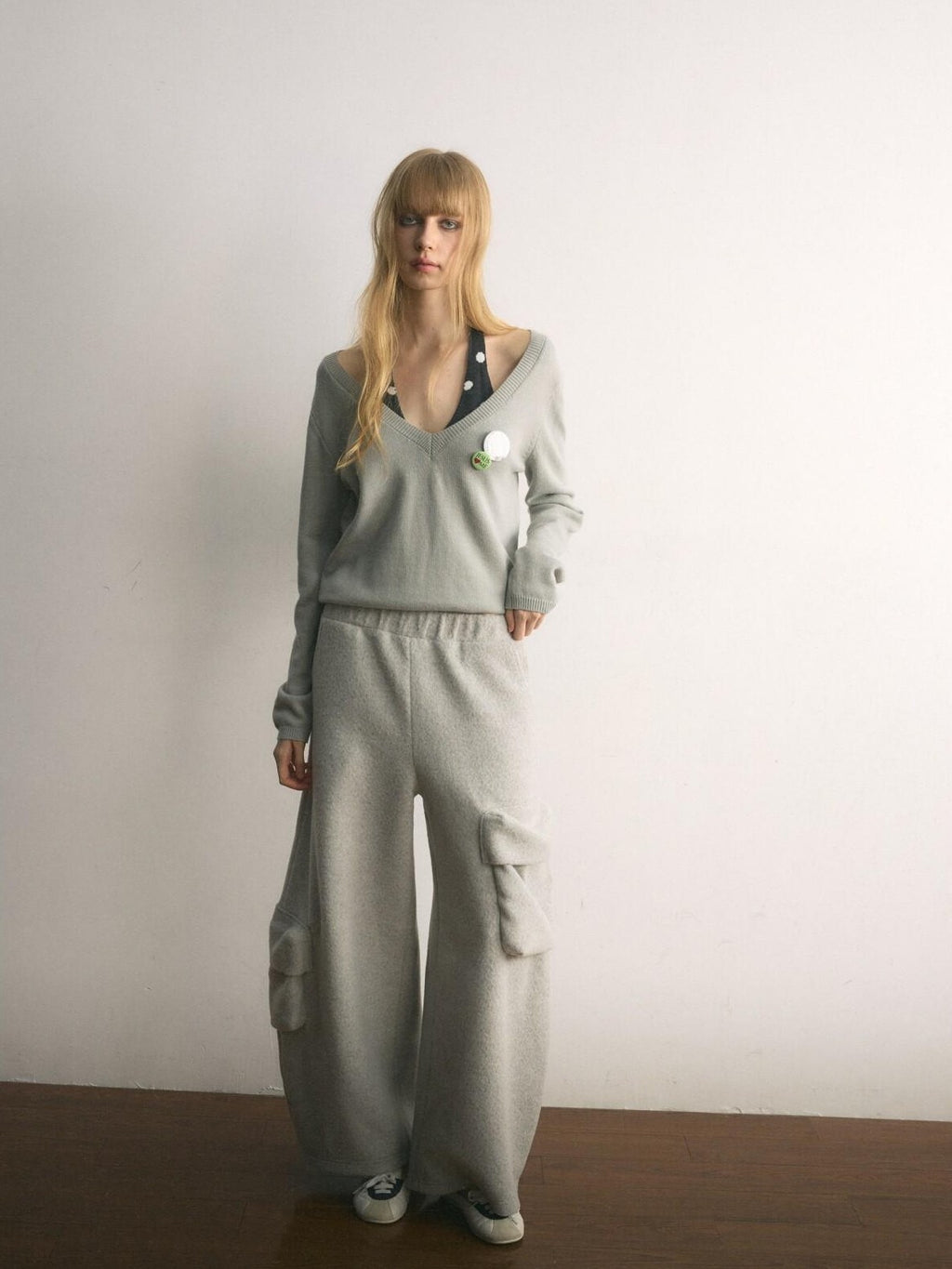 UNIVERSE Floor Length Knitted Asymmetric Pocket Women's Wool Blend Wide-leg Pants