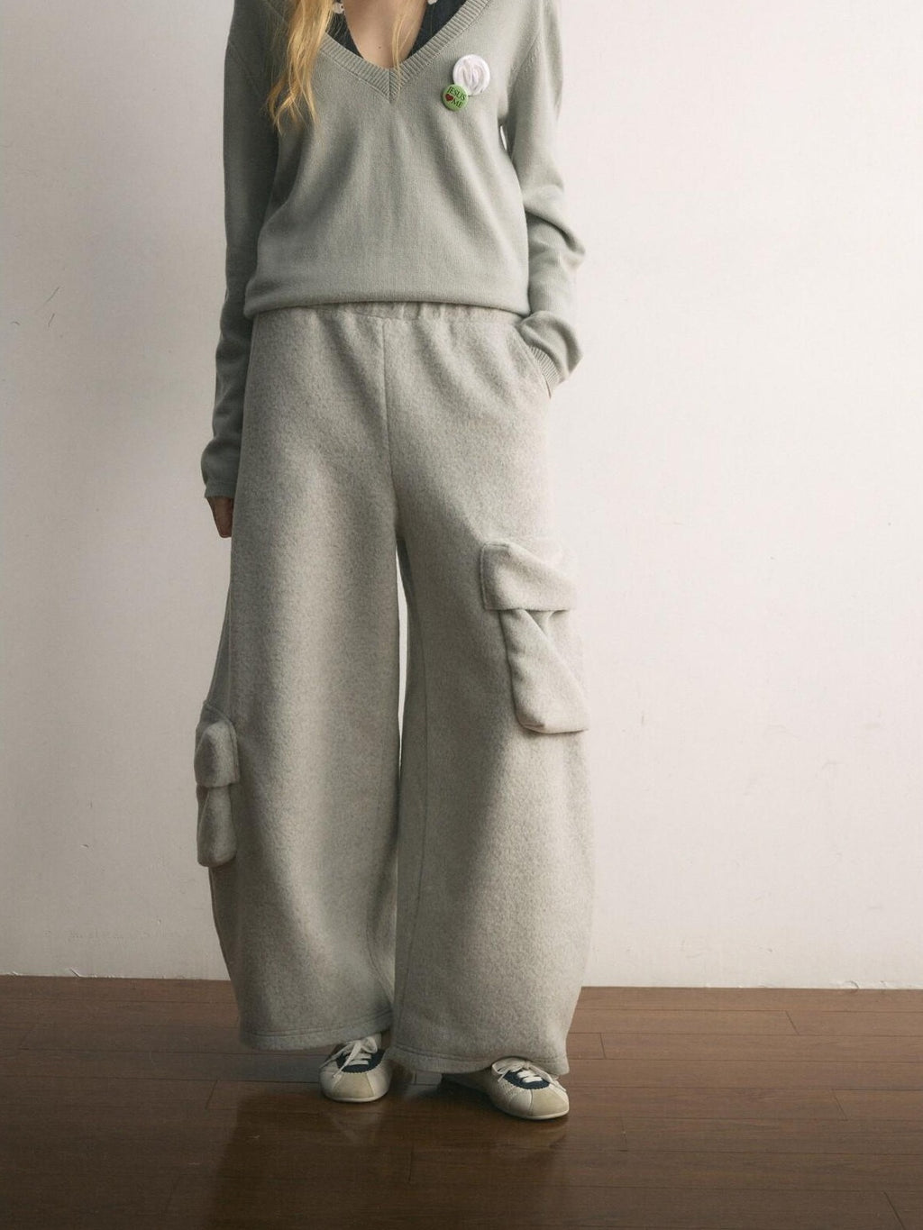 UNIVERSE Floor Length Knitted Asymmetric Pocket Women's Wool Blend Wide-leg Pants