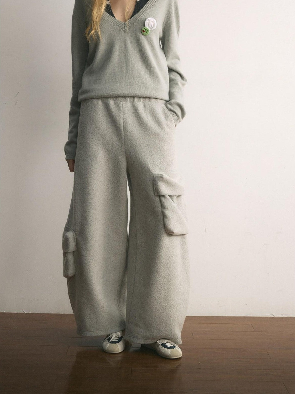 UNIVERSE Floor Length Knitted Asymmetric Pocket Women's Wool Blend Wide-leg Pants