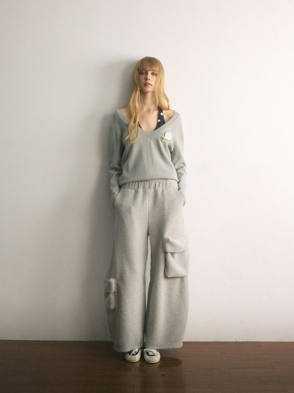 UNIVERSE Floor Length Knitted Asymmetric Pocket Women's Wool Blend Wide-leg Pants
