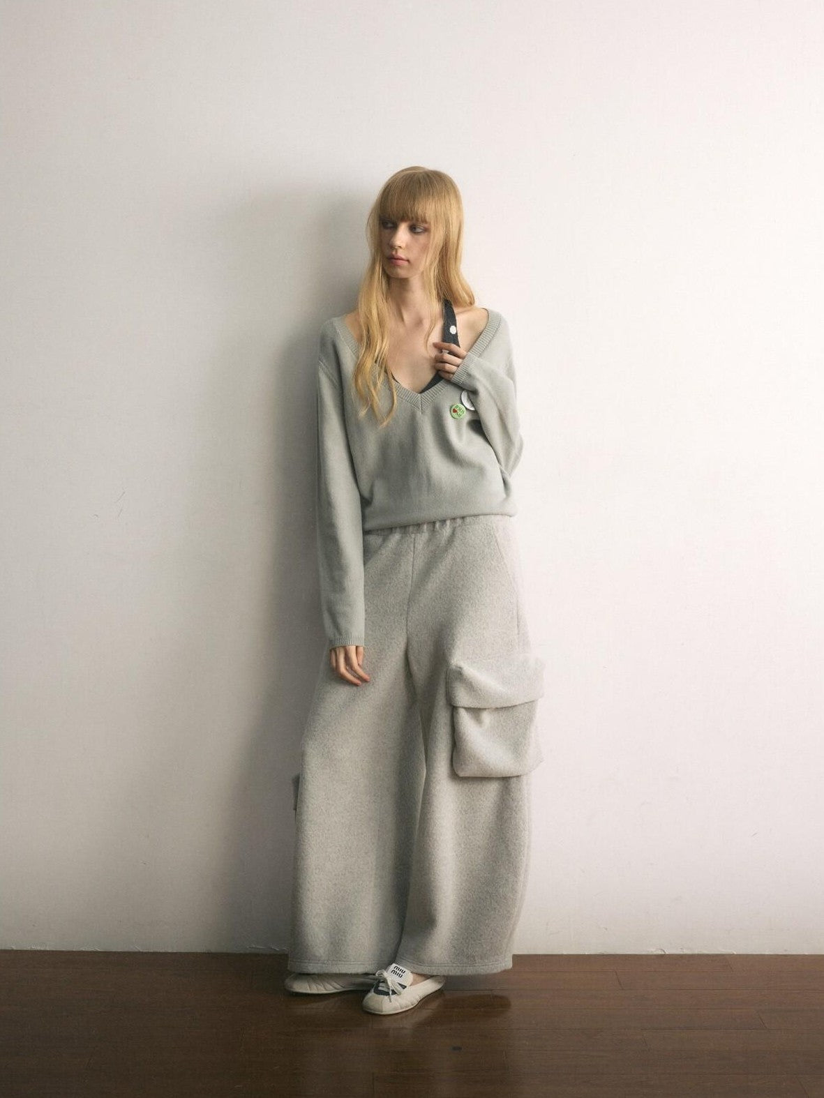 UNIVERSE Floor Length Knitted Asymmetric Pocket Women's Wool Blend Wide-leg Pants