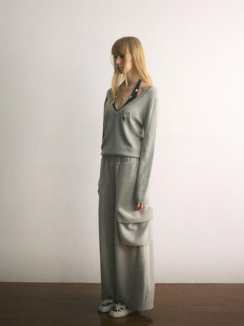 UNIVERSE Floor Length Knitted Asymmetric Pocket Women's Wool Blend Wide-leg Pants