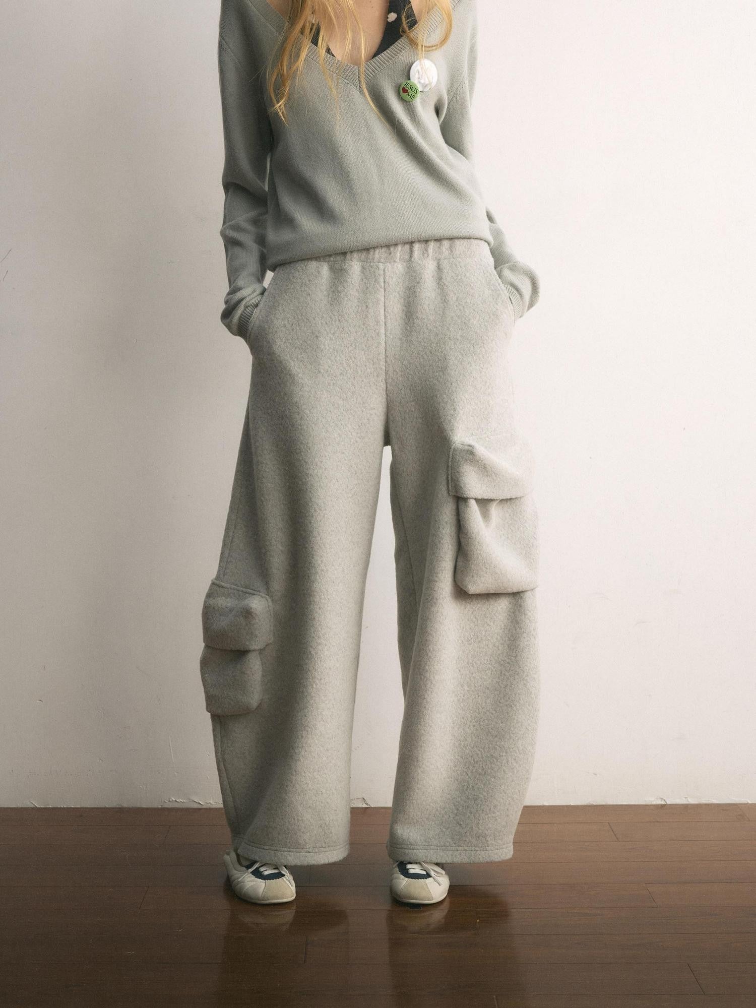 UNIVERSE Floor Length Knitted Asymmetric Pocket Women's Wool Blend Wide-leg Pants