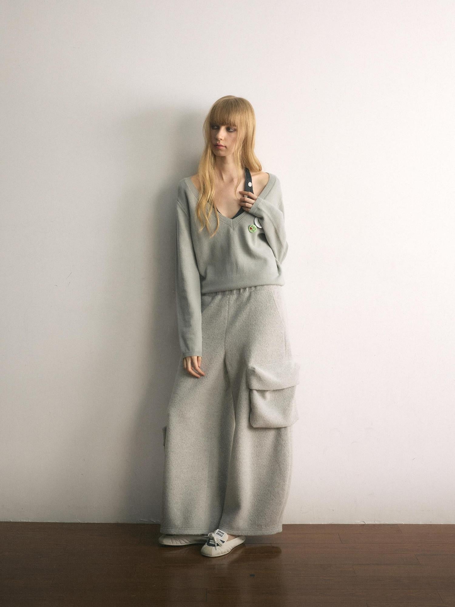 UNIVERSE Floor Length Knitted Asymmetric Pocket Women's Wool Blend Wide-leg Pants