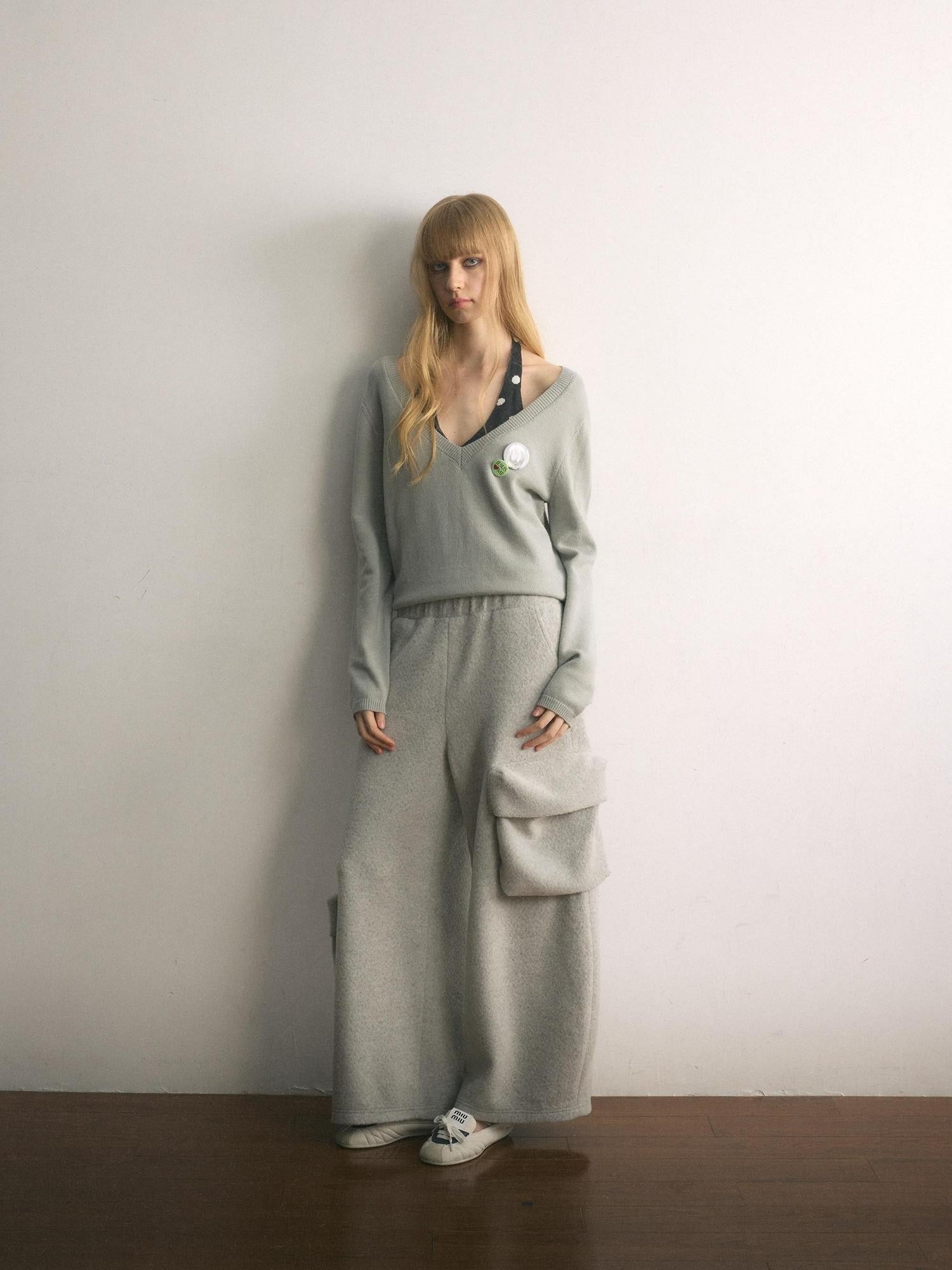 UNIVERSE Floor Length Knitted Asymmetric Pocket Women's Wool Blend Wide-leg Pants
