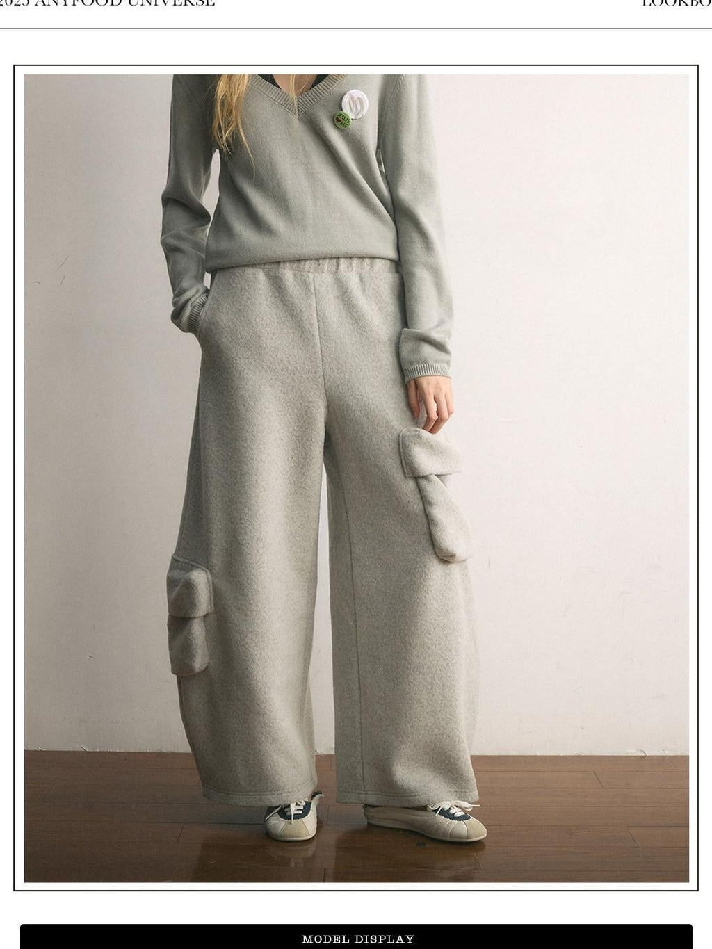 UNIVERSE Floor Length Knitted Asymmetric Pocket Women's Wool Blend Wide-leg Pants