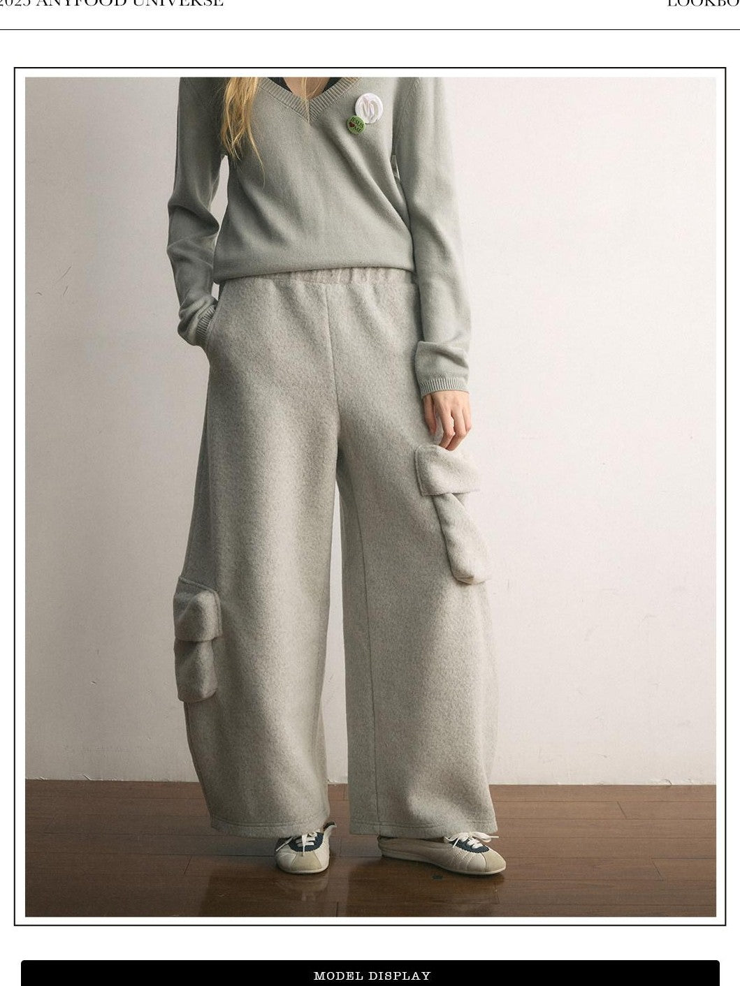 UNIVERSE Floor Length Knitted Asymmetric Pocket Women's Wool Blend Wide-leg Pants
