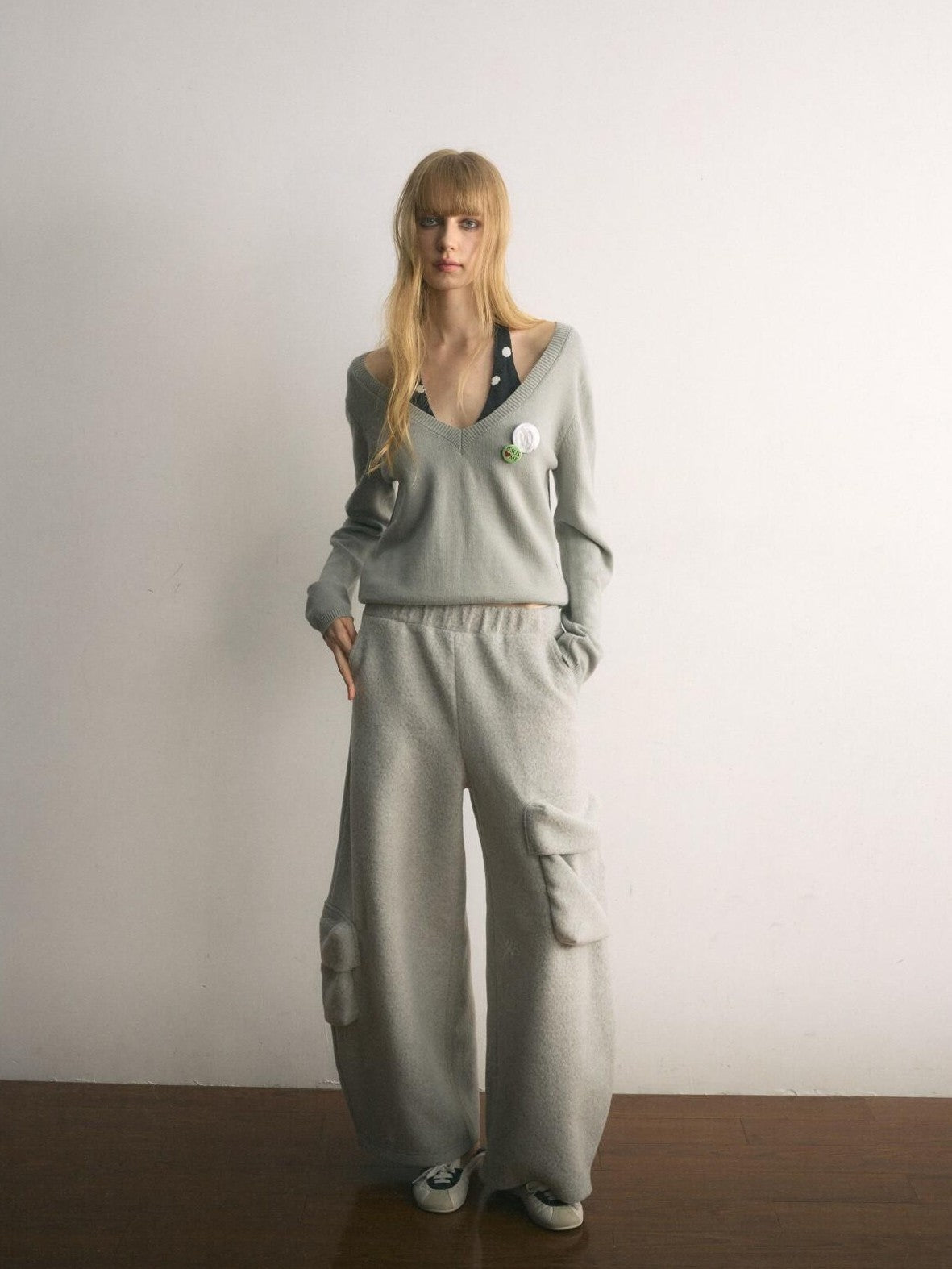 UNIVERSE Floor Length Knitted Asymmetric Pocket Women's Wool Blend Wide-leg Pants
