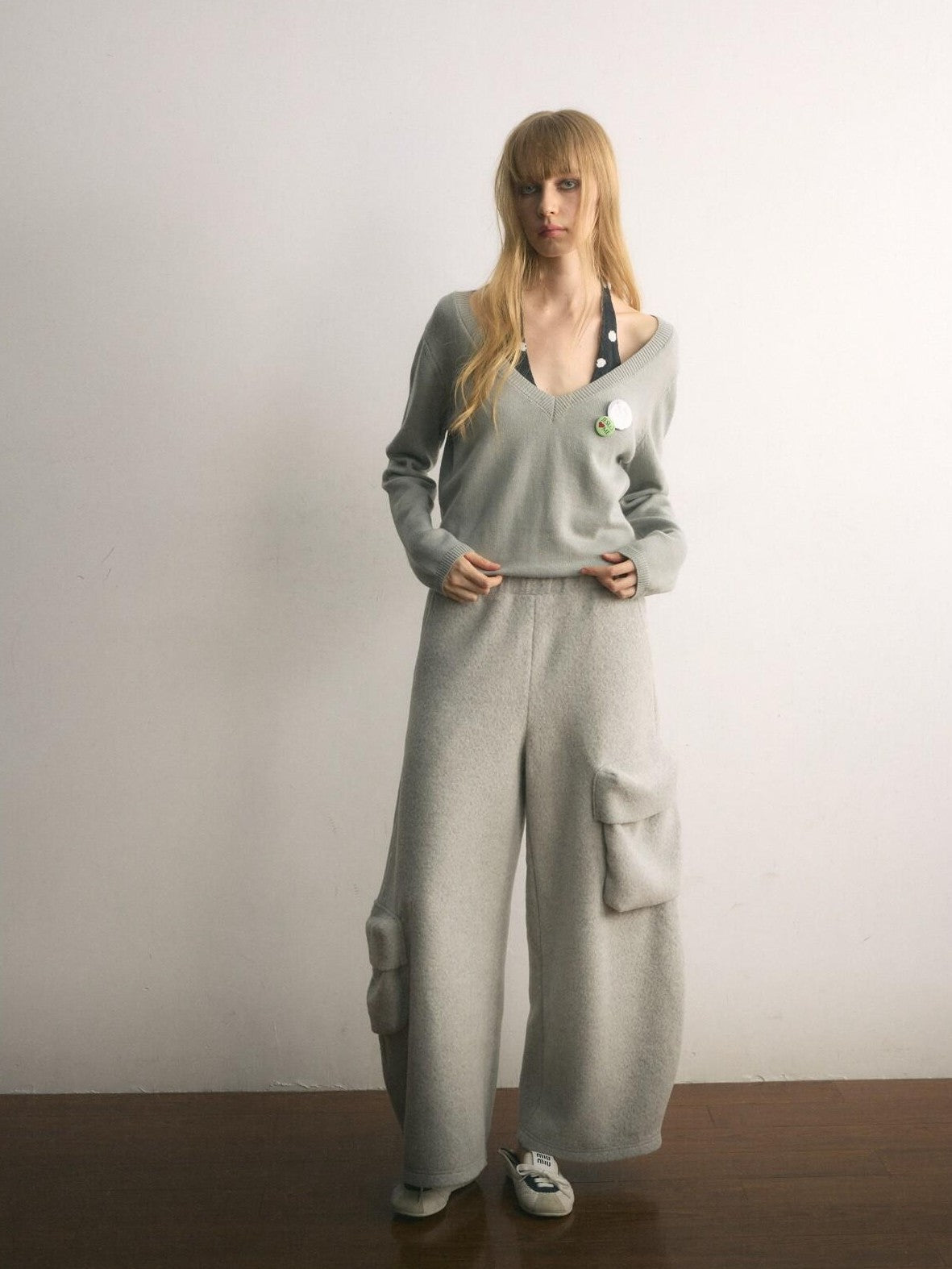 UNIVERSE Floor Length Knitted Asymmetric Pocket Women's Wool Blend Wide-leg Pants
