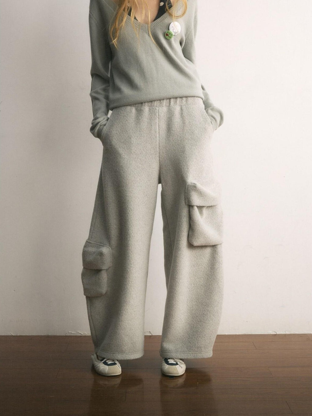UNIVERSE Floor Length Knitted Asymmetric Pocket Women's Wool Blend Wide-leg Pants