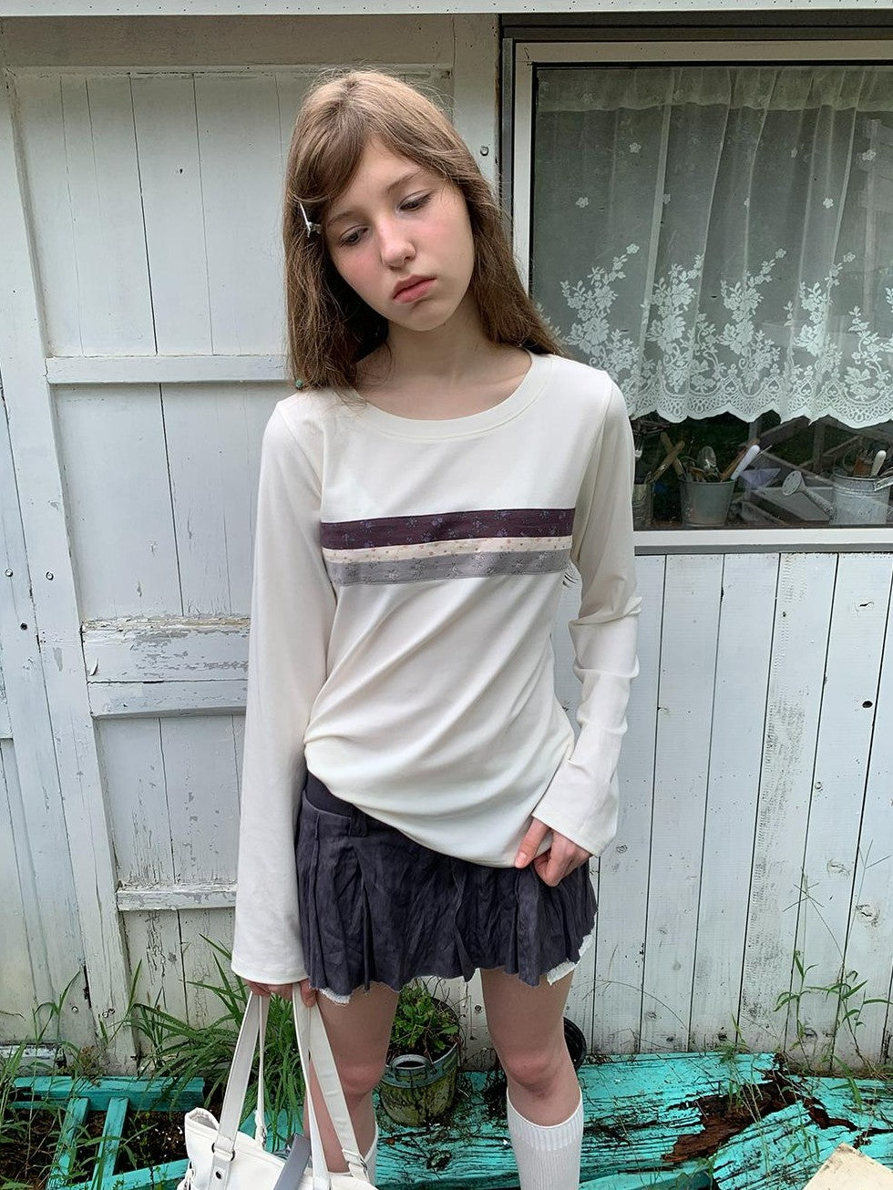 UNIVERSE Floral Striped Spliced Loose Fit Women's Wool Long Sleeve T-shirts