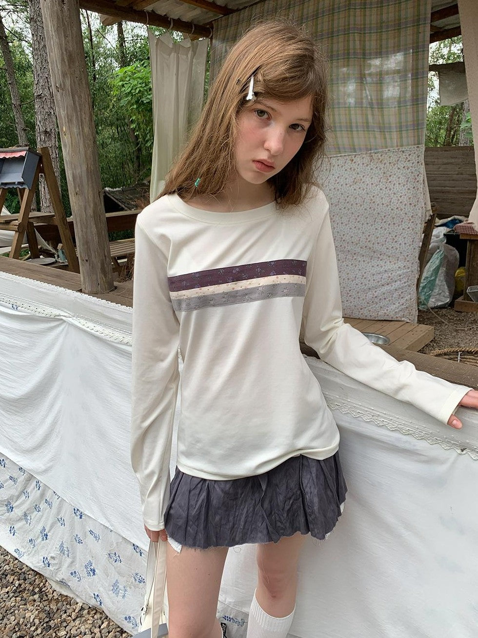 UNIVERSE Floral Striped Spliced Loose Fit Women's Wool Long Sleeve T-shirts