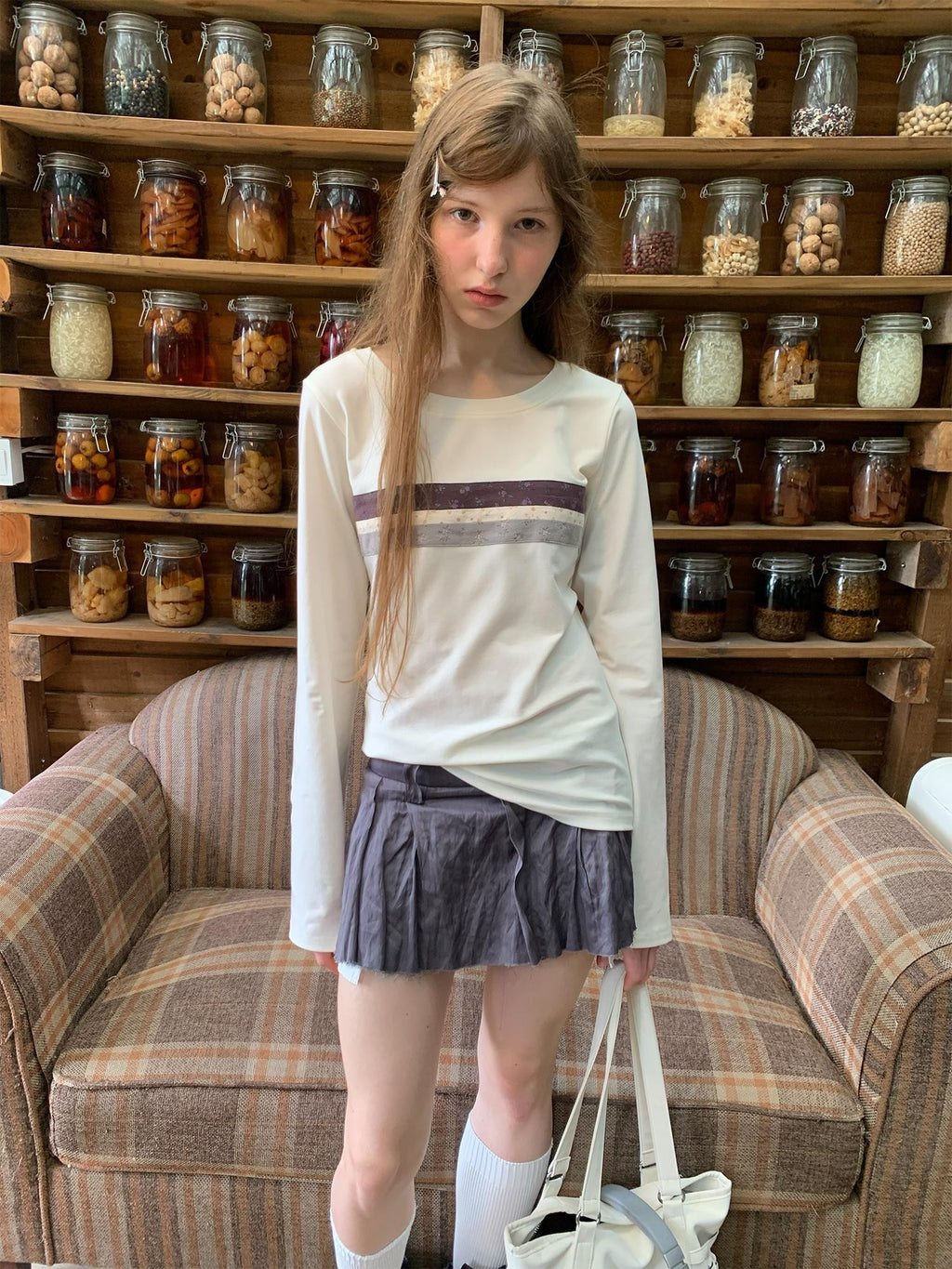 UNIVERSE Floral Striped Spliced Loose Fit Women's Wool Long Sleeve T-shirts