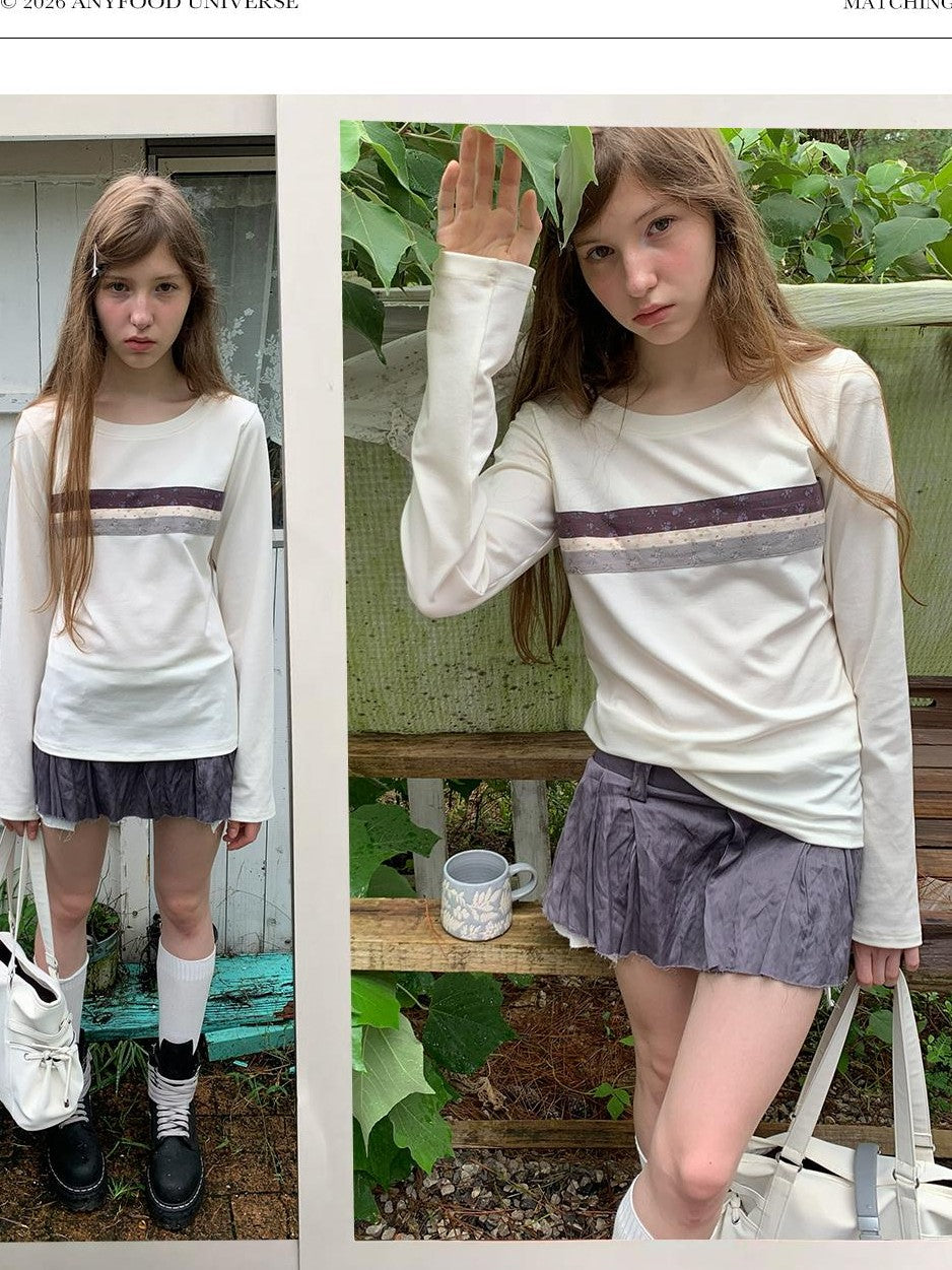 UNIVERSE Floral Striped Spliced Loose Fit Women's Wool Long Sleeve T-shirts