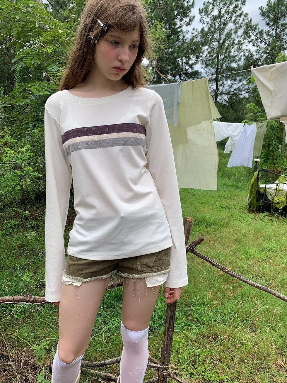 UNIVERSE Floral Striped Spliced Loose Fit Women's Wool Long Sleeve T-shirts