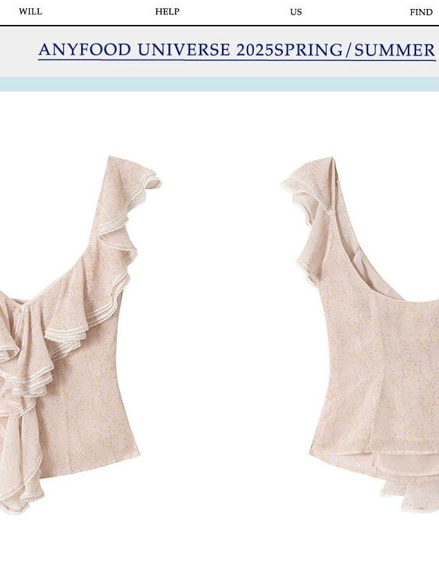 UNIVERSE Fresh Floral Beaded Ruffle Wavy Neckline Women's Polyester Slim Fit Camisoles