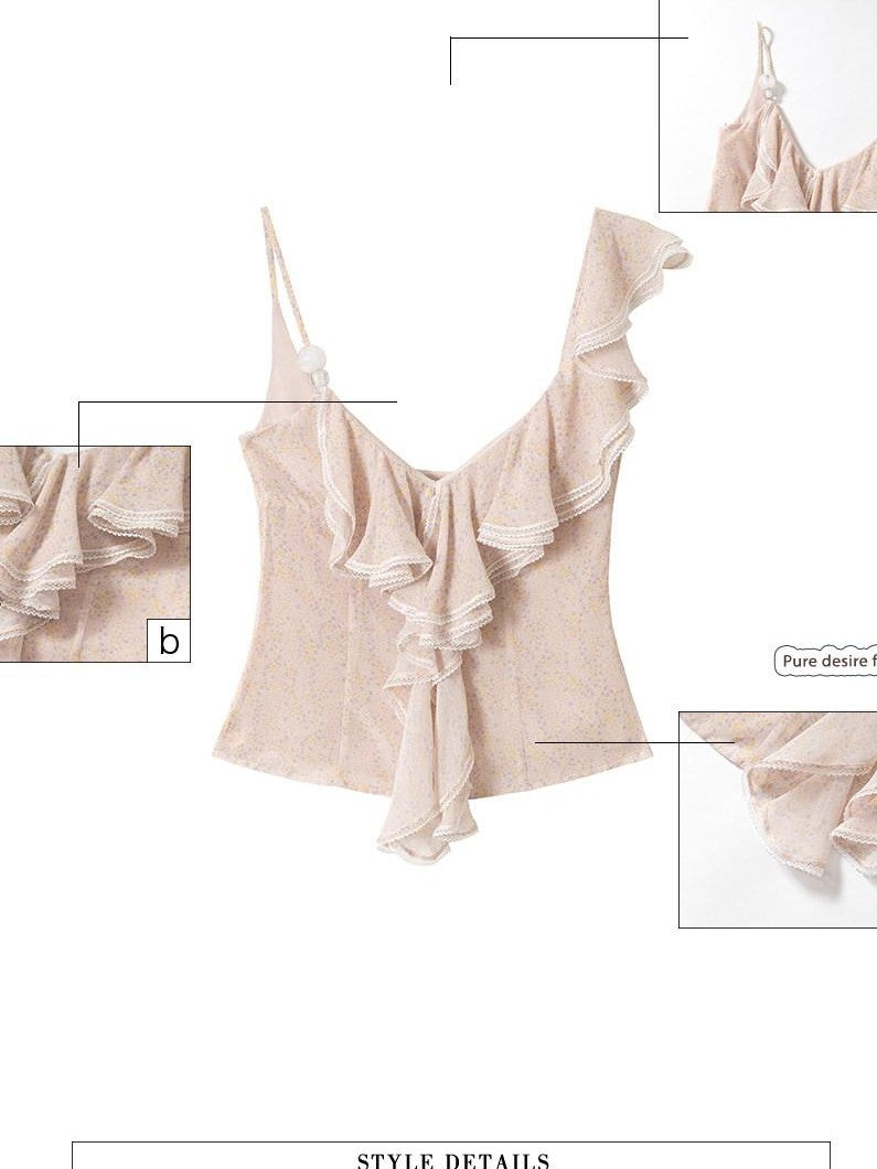 UNIVERSE Fresh Floral Beaded Ruffle Wavy Neckline Women's Polyester Slim Fit Camisoles