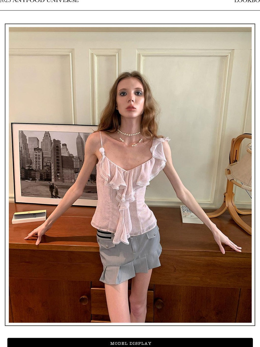 UNIVERSE Fresh Floral Beaded Ruffle Wavy Neckline Women's Polyester Slim Fit Camisoles
