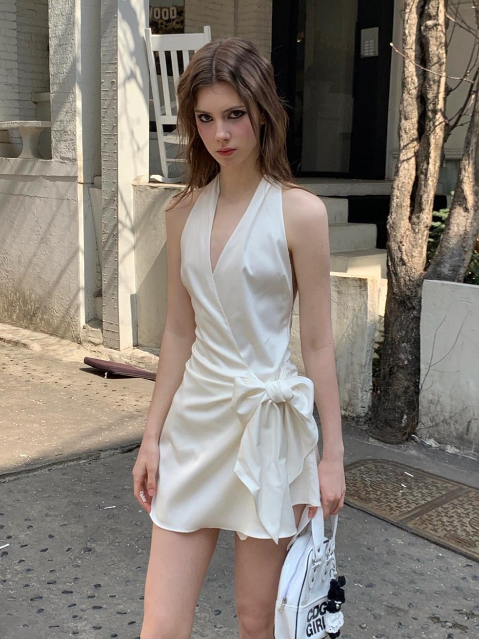 UNIVERSE Gentle Sheen Tie V-neck High Waist Women's Acetate Satin Halter Mini Dresses