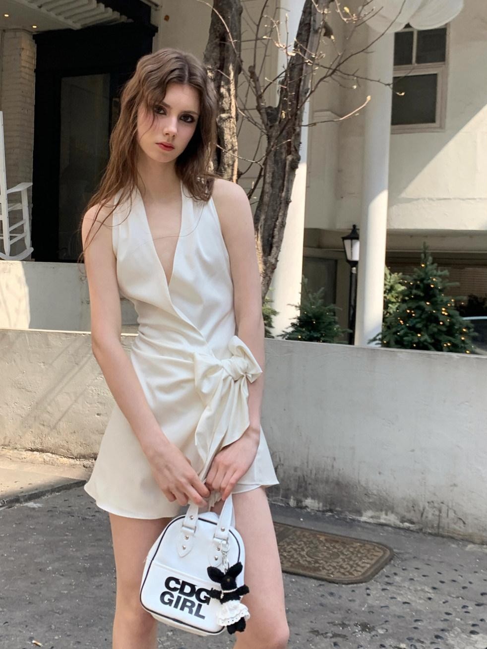 UNIVERSE Gentle Sheen Tie V-neck High Waist Women's Acetate Satin Halter Mini Dresses