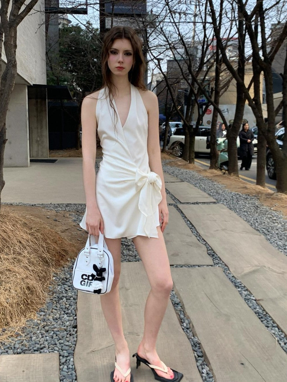 UNIVERSE Gentle Sheen Tie V-neck High Waist Women's Acetate Satin Halter Mini Dresses