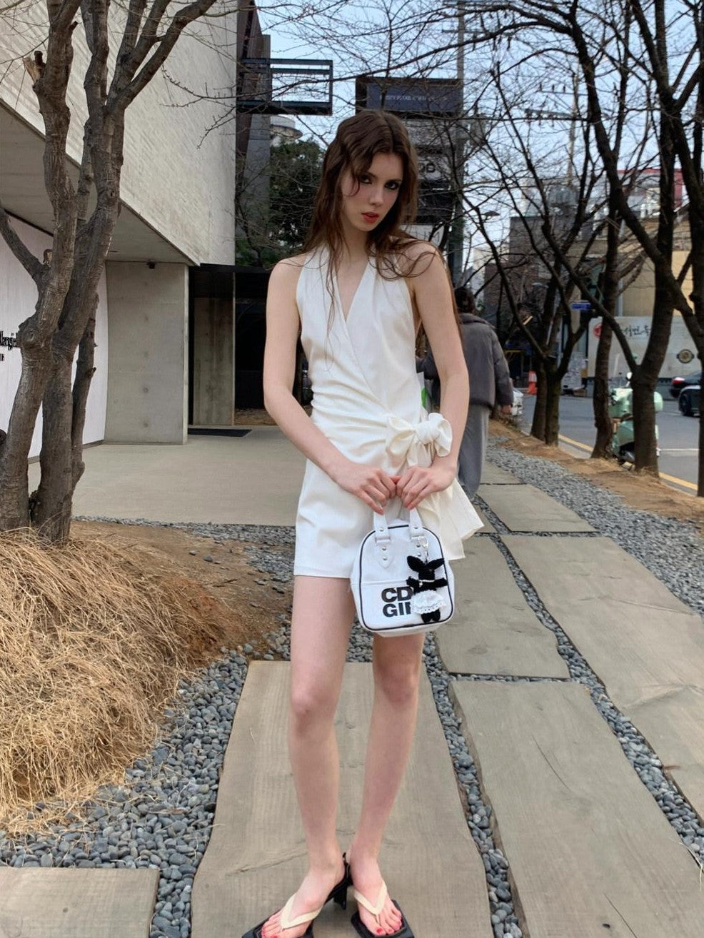 UNIVERSE Gentle Sheen Tie V-neck High Waist Women's Acetate Satin Halter Mini Dresses